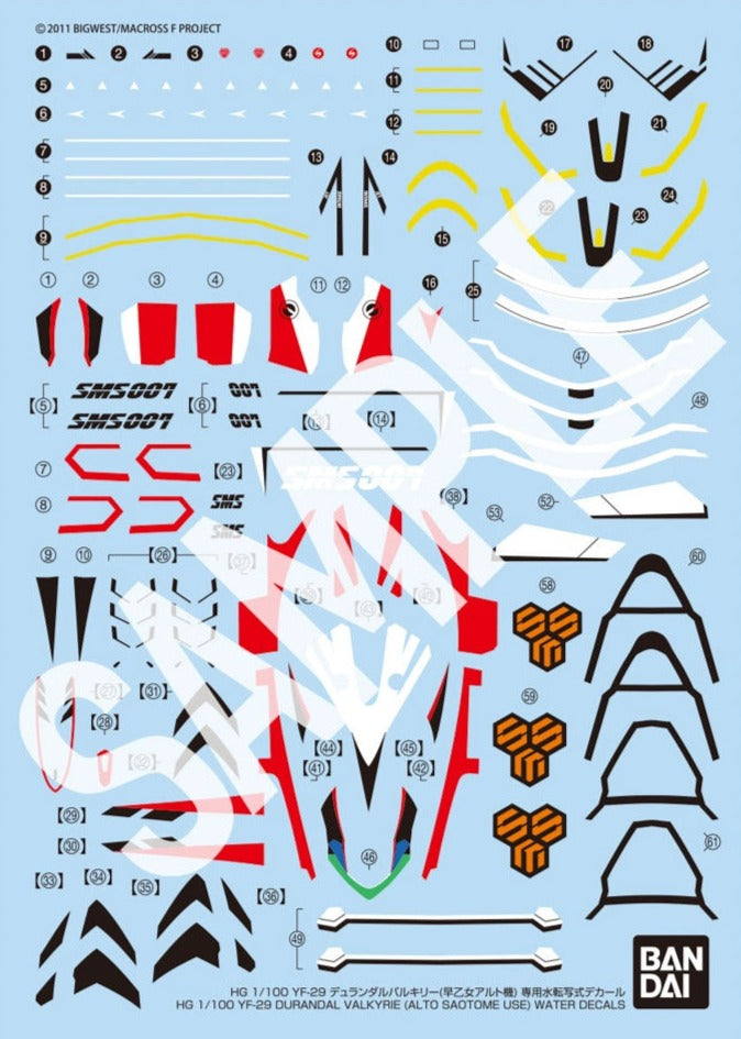 1/100 HG YF-29 Durandal Valkyrie (Saotome Alto Machine) Water Slide Decals